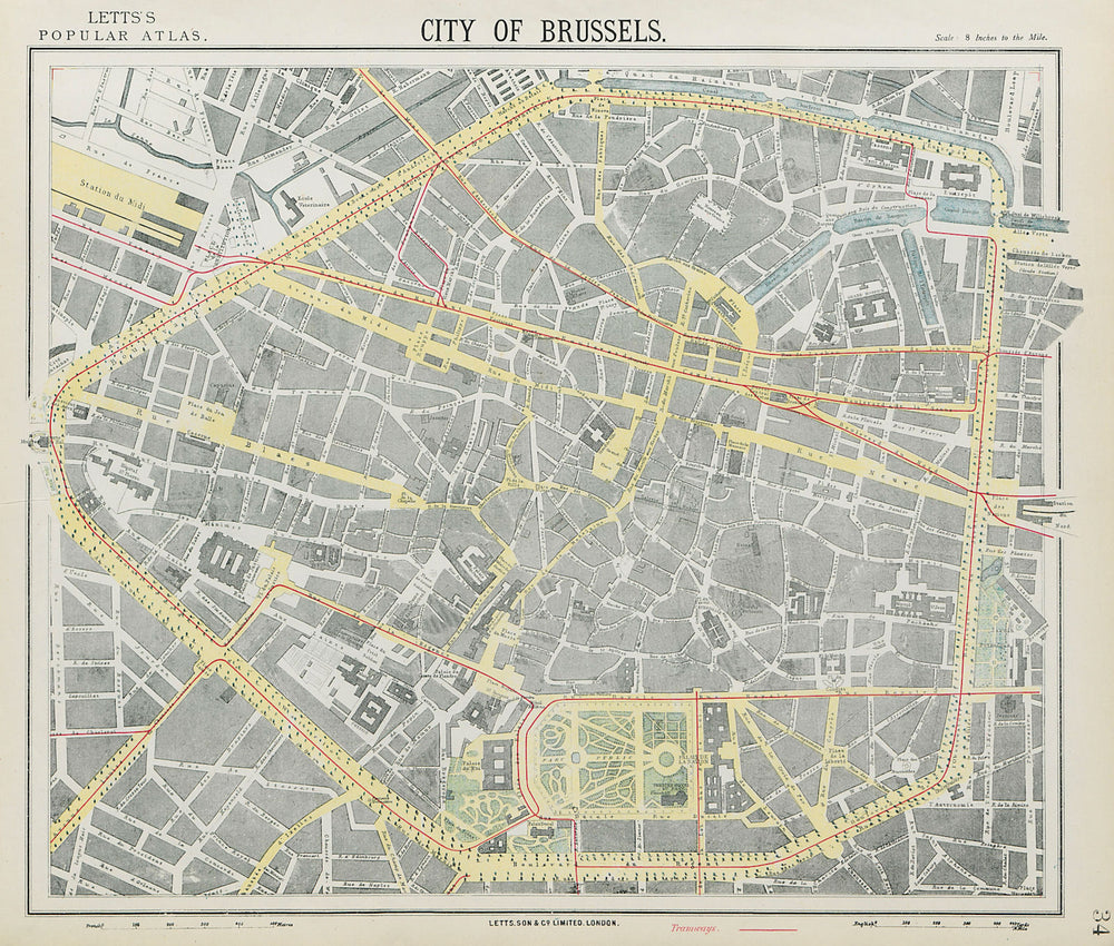 BRUSSELS BRUXELLES BRUSSEL antique town city map plan. Tramways. LETTS 1884
