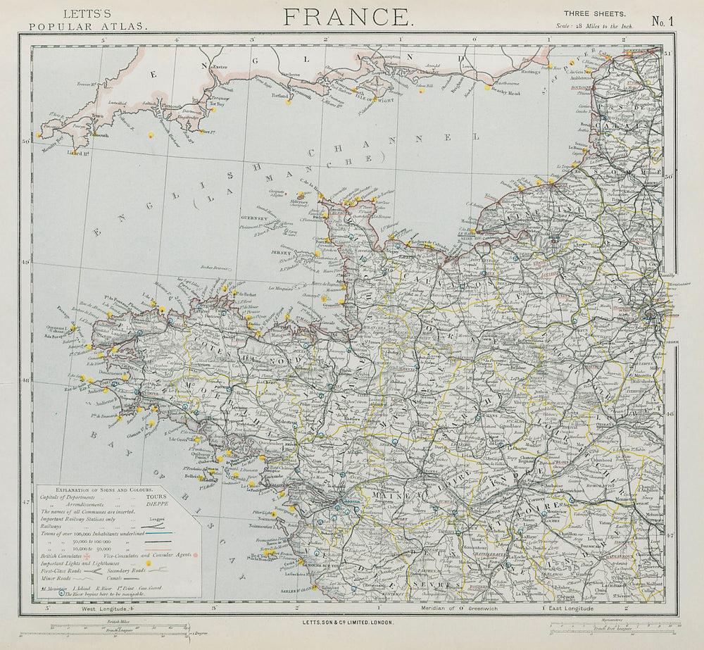 NW FRANCE. Britanny Normandy Loire. Lighthouses British Consuls. LETTS 1884 map