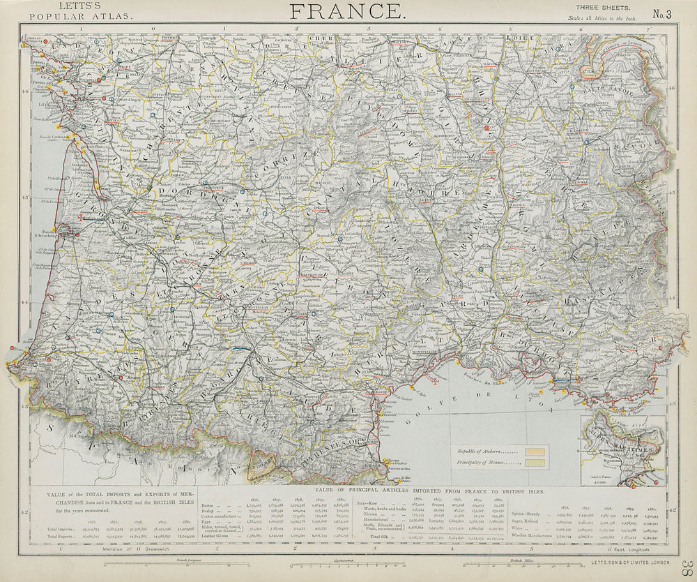 FRANCE SOUTH. Lighthouses. UK-French trade 1876-1880. LETTS 1884 old map