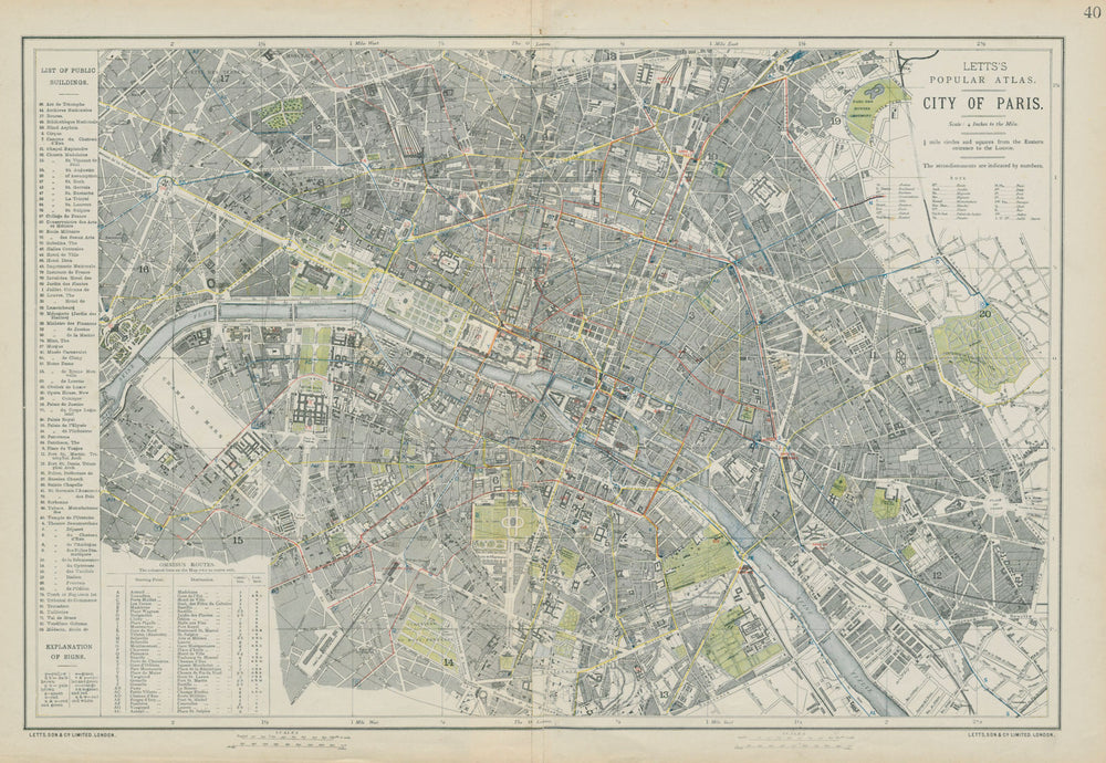PARIS antique town city map plan. Omnibus routes. LARGE. LETTS 1884 old