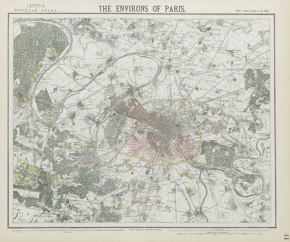 PARIS ENVIRONS. Fortifications. Railways. Versailles. LETTS 1884 old map