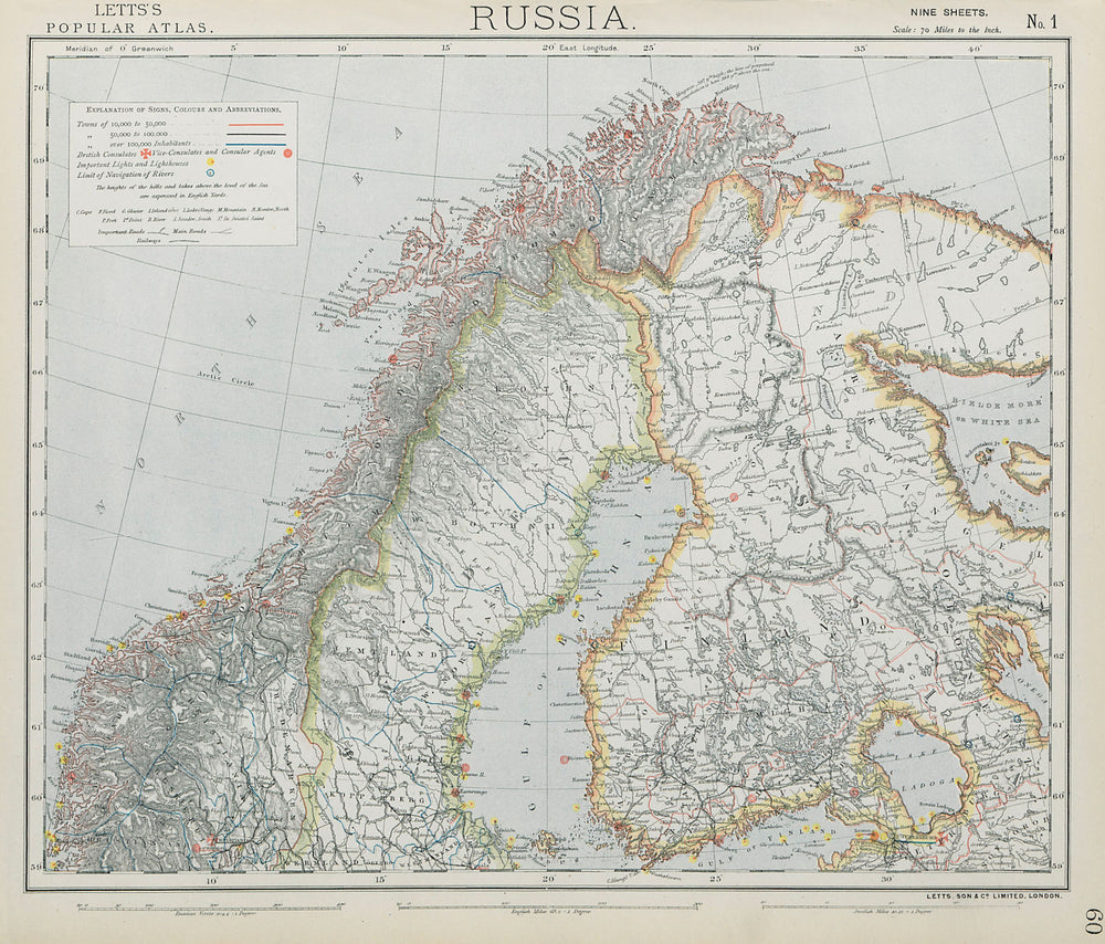SCANDINAVIA Northern Sweden & Norway, Finland, Karelia & Murmansk LETTS 1884 map