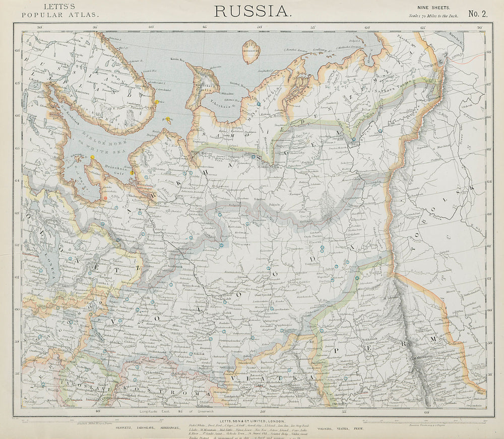 RUSSIA Arkhangelsk Vologda VIatka Perm Olontez Iaroslavl Urals.LETTS 1884 map
