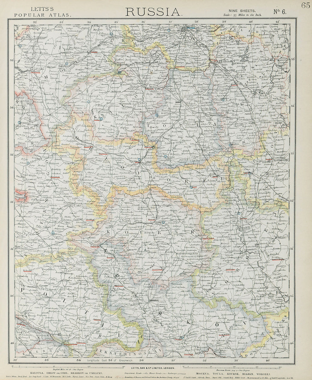 RUSSIA Kalouga Kharkov Ukraine Moscow Toula Kursk Riazan Voronej. LETTS 1884 map