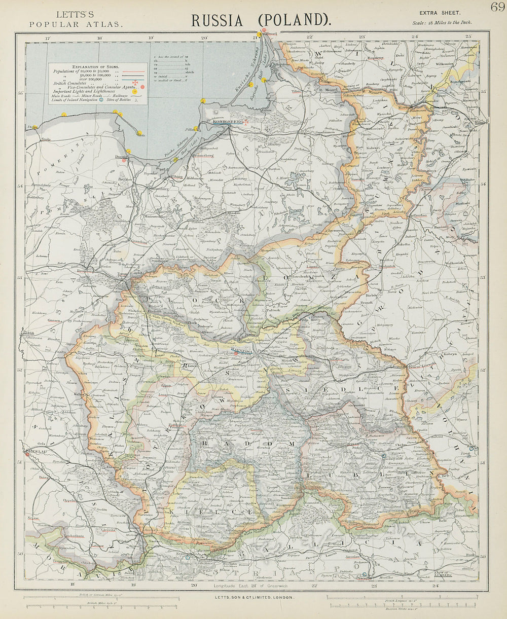POLAND POLSKA Kielce Warsaw Radom Plock Lomza Lublin Kalisz. LETTS 1884 map