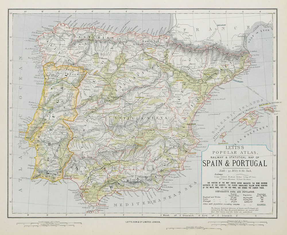 SPAIN & PORTUGAL. Red & white white & liqueur regions in green. LETTS 1884 map