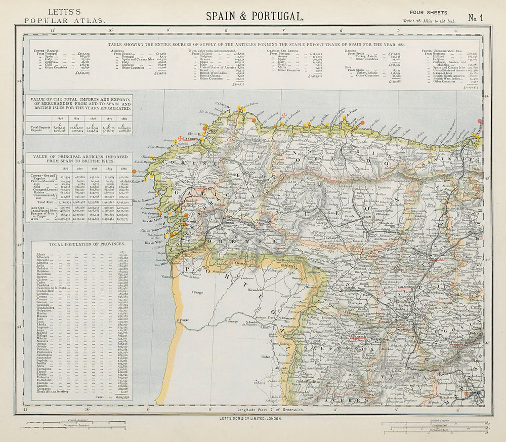 NORTHWEST SPAIN Railways & lighthouses. Galicia Leon Asturias. LETTS 1884 map