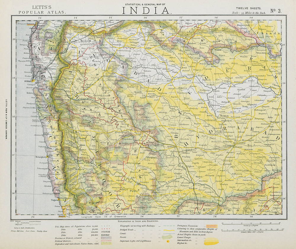 WESTERN BRITISH INDIA Maharashtra Bombay Mumbai Pune Goa Railways LETTS 1884 map