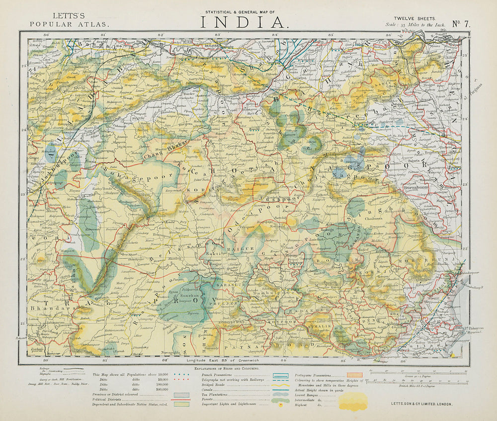 CENTRAL BRITISH INDIA Bengal Bandelkand. Tea plantations. Railways 1884 map