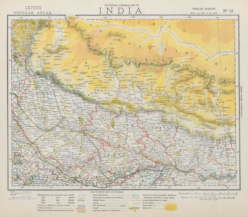 NEPAL & NORTHERN INDIA. Ganges Lucknow Varanasi Tea plantations. LETTS 1884 map
