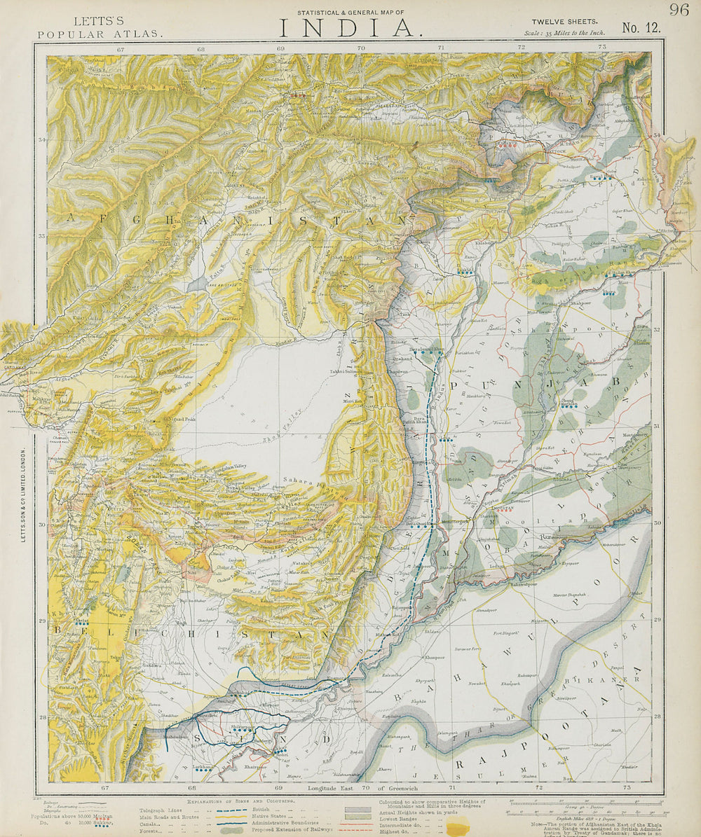 PAKISTAN & AFGHANISTAN. Punjab Beluchistan Sinde. British India. LETTS 1884 map