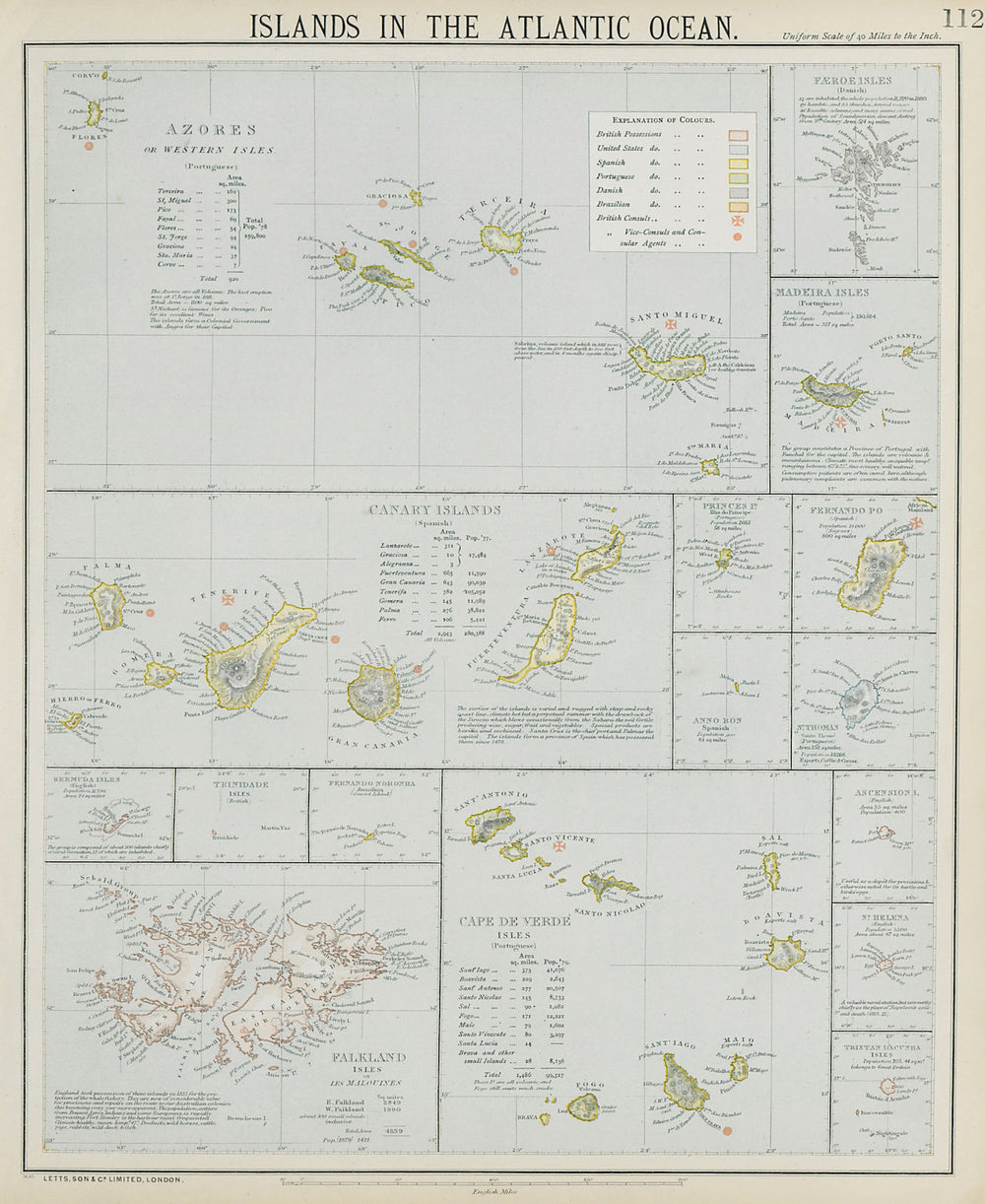 ATLANTIC ISLANDS. Azores Madeira Canary Cape Verde Falklands. LETTS 1884 map