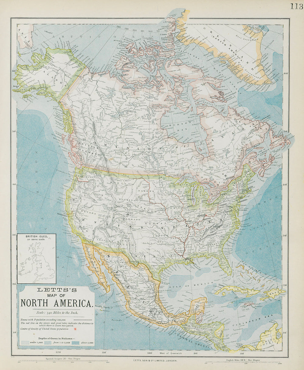 NORTH AMERICA showing Union Pacific transcontinental railroad. LETTS 1884 map