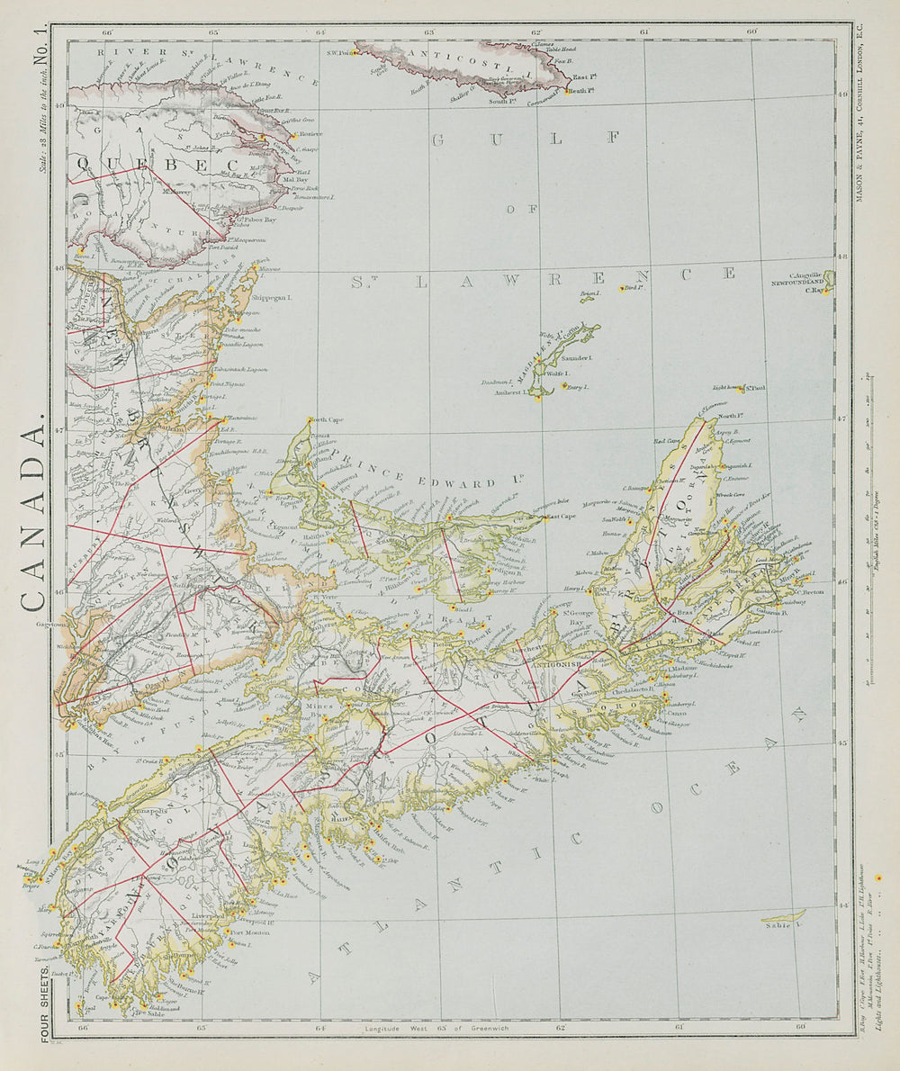 NOVA SCOTIA New Brunswick Prince Edward's Island. Lighthouses. LETTS 1884 map