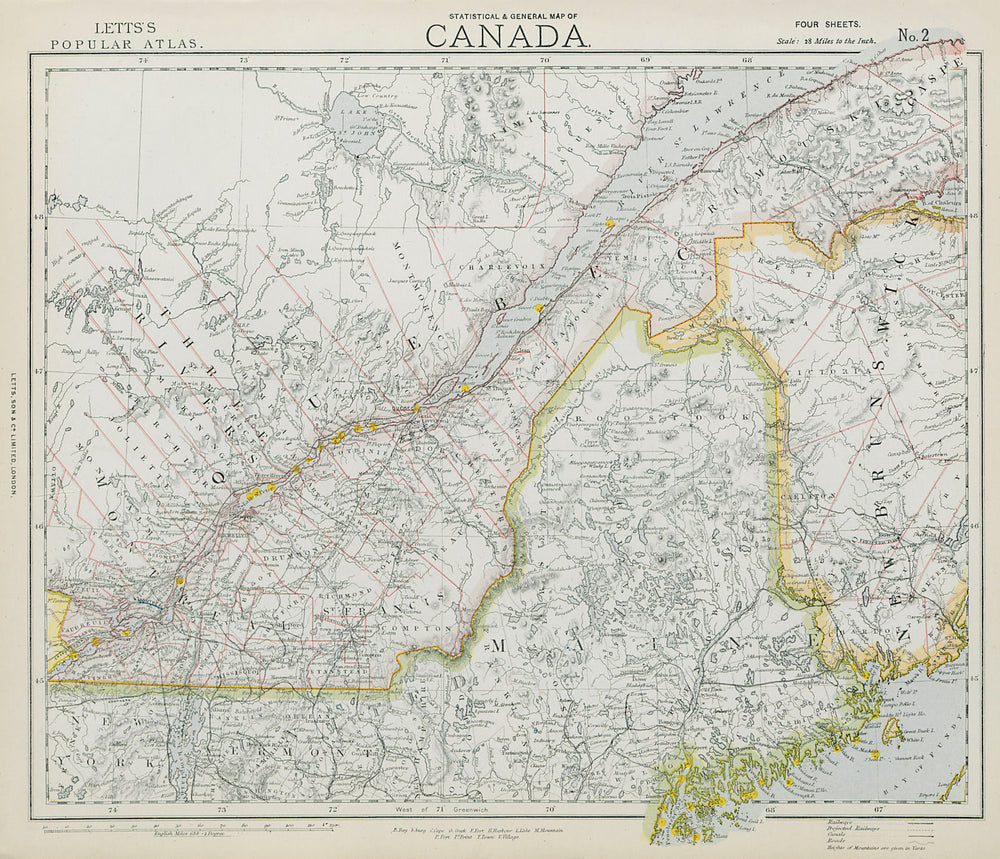 QUEBEC Québec. St Lawrence lighthouses. Maine. New Brunswick. LETTS 1884 map