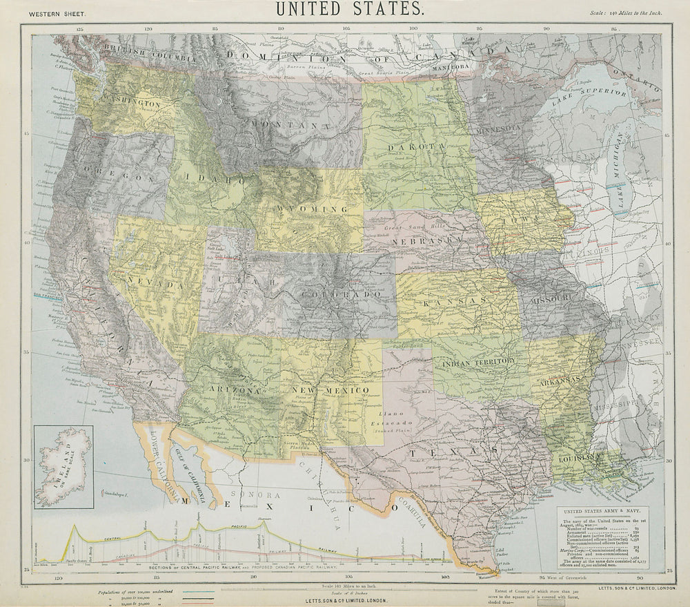 WESTERN USA States & territories Central Pacific Railroad section LETTS 1884 map
