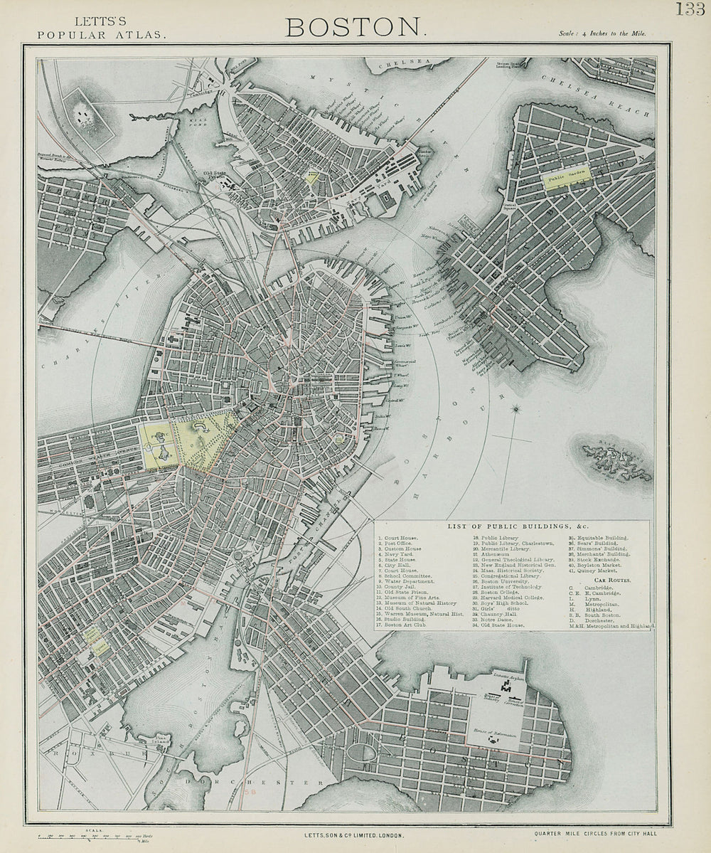 BOSTON antique town city map plan. Charlestown. LETTS 1884 old