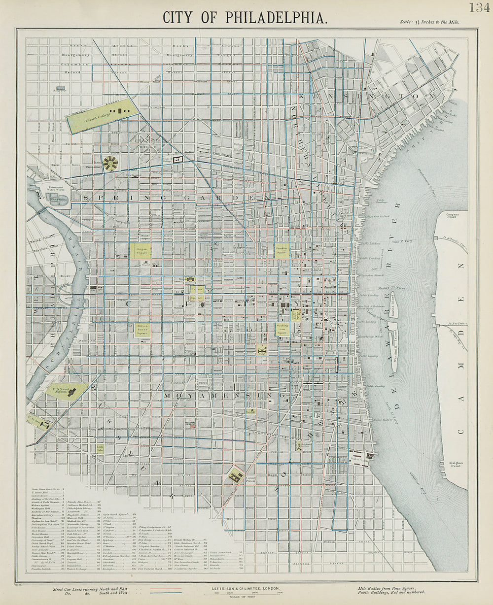PHILADELPHIA antique town city map plan. Streetcar lines. LETTS 1884 old