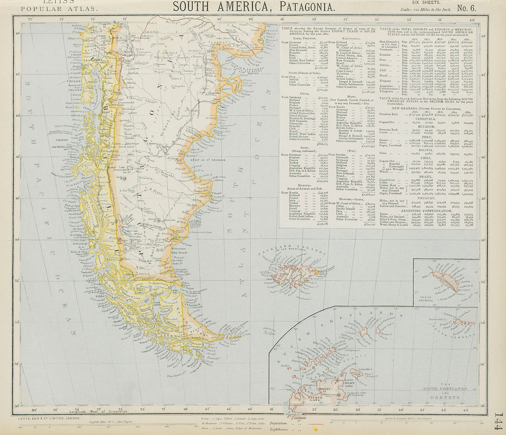 PATAGONIA. Argentina Chile Tierra del Fuego Falklands S Georgia LETTS 1884 map