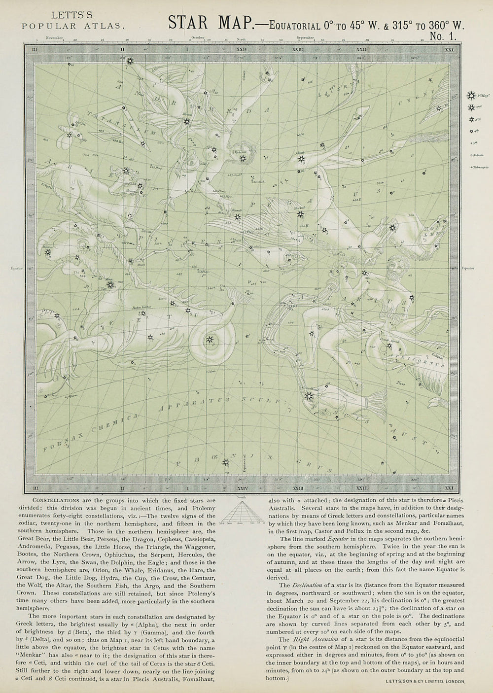 ASTRONOMY CELESTIAL Star map chart signs Spring Aries Aquarius Pisces LETTS 1884