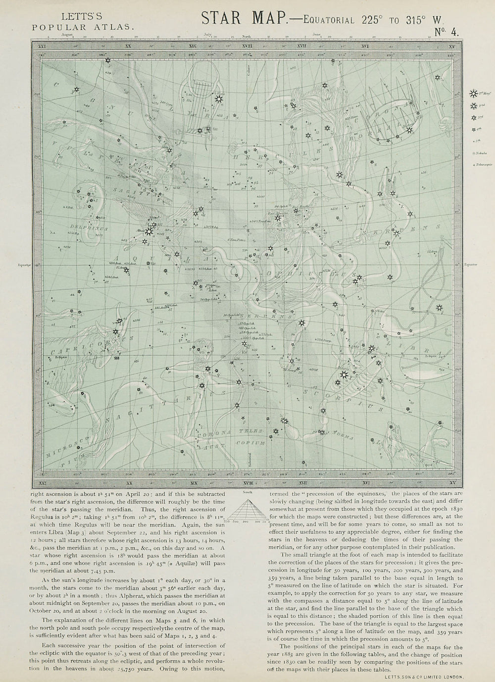 ASTRONOMY Star map chart signs Winter Scorpio Sagittarius Capricorn LETTS 1884