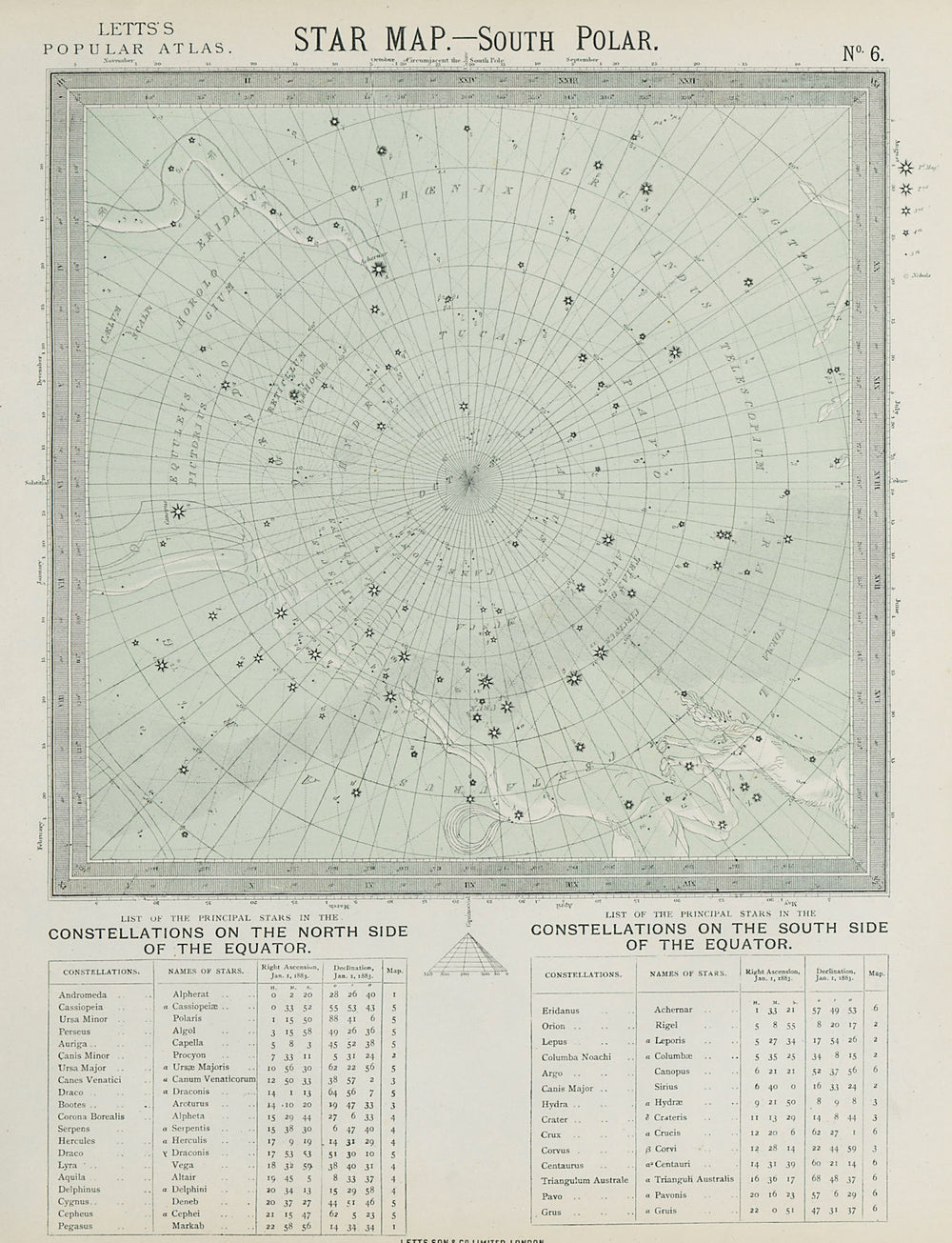 ASTRONOMY CELESTIAL Star map chart South Pole Polar. LETTS 1884 old