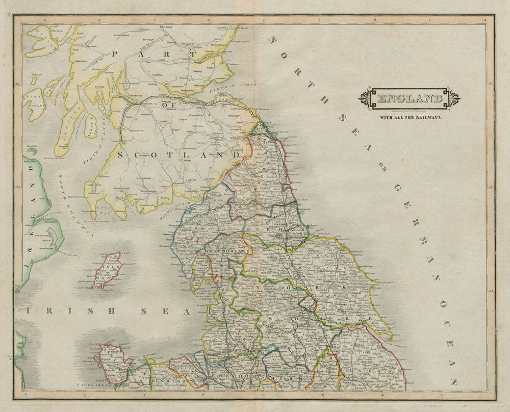 Northern England & Wales with all the railways. LIZARS 1842 old antique map