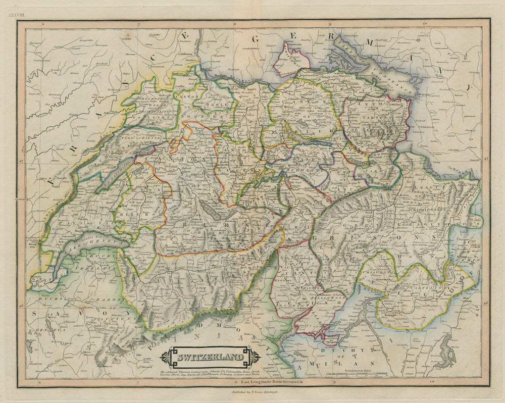 Switzerland showing Valtellina as a Swiss canton. Suisse Schweiz LIZARS 1842 map