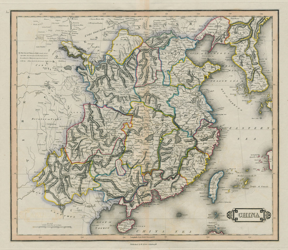 China. Hong Kong & the Great or "Chinese Wall" are marked. LIZARS 1842 old map