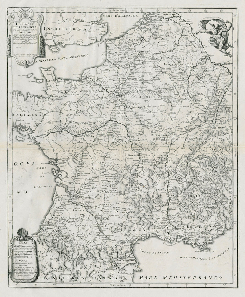 Le Poste della Francia. The post roads of France. DE ROSSI / SANSON 1697 map