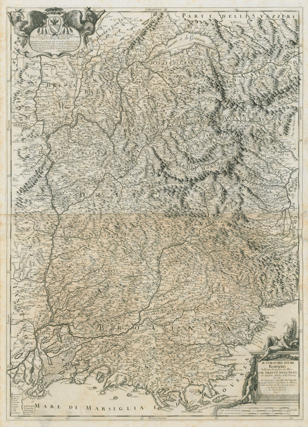Il Corso del Fiume Rodano. The Rhone Valley. SE France. ROSSI /CANTELLI 1690 map