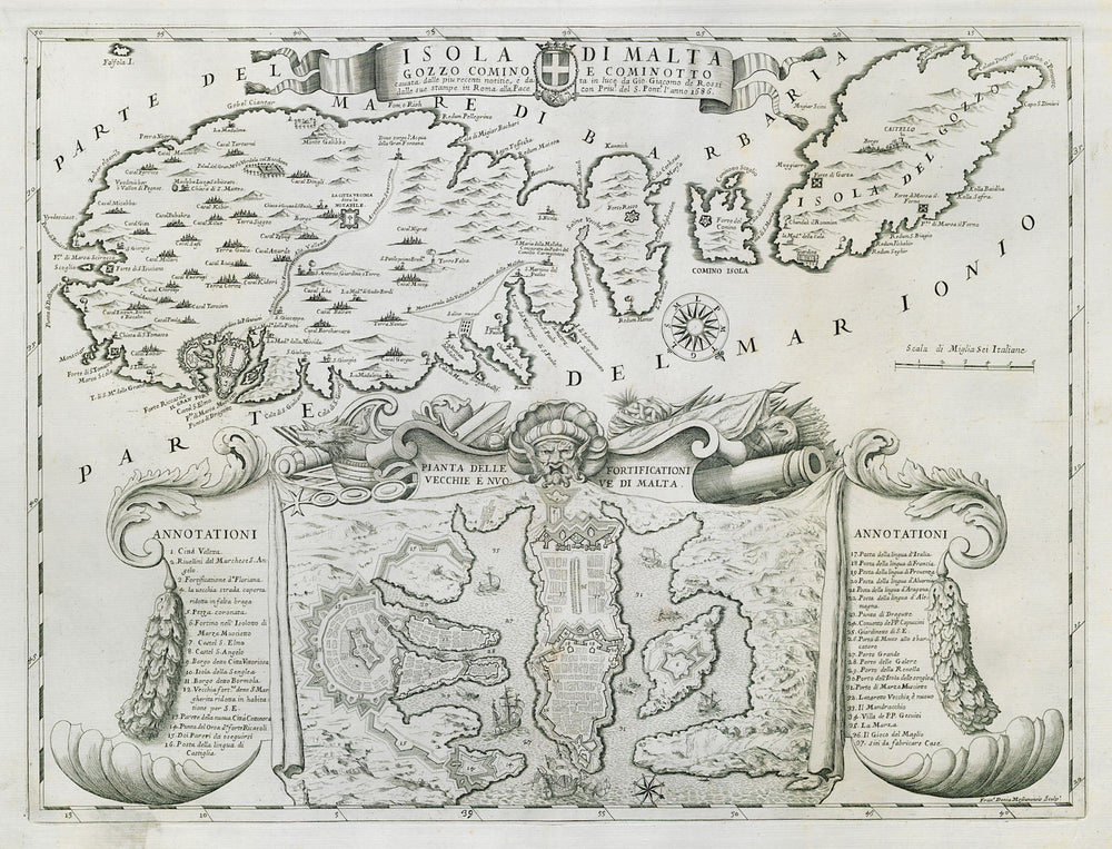 Isola di Malta, Gozo, Comino e Cominotto. DE ROSSI 1686 old antique map chart