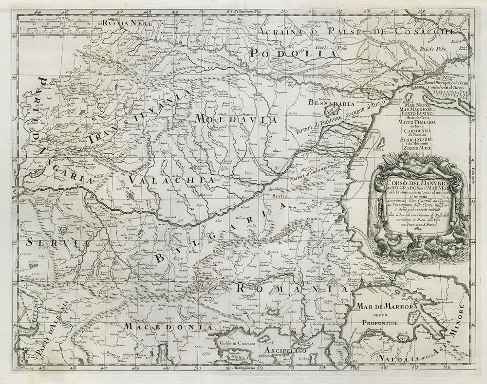 Corso del Danubio da Belgrado fino al Mar Ner. Danube. ROSSI / CANTELLI 1684 map