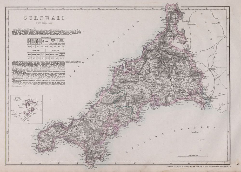 CORNWALL. Antique county map. Railways. Bodmin Moor. WELLER 1868 old
