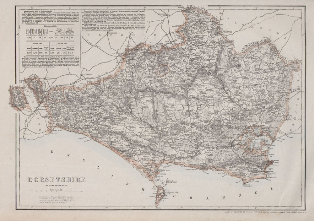 DORSETSHIRE county map. Poole Weymouth. Exclave. Railways. WELLER 1868 old