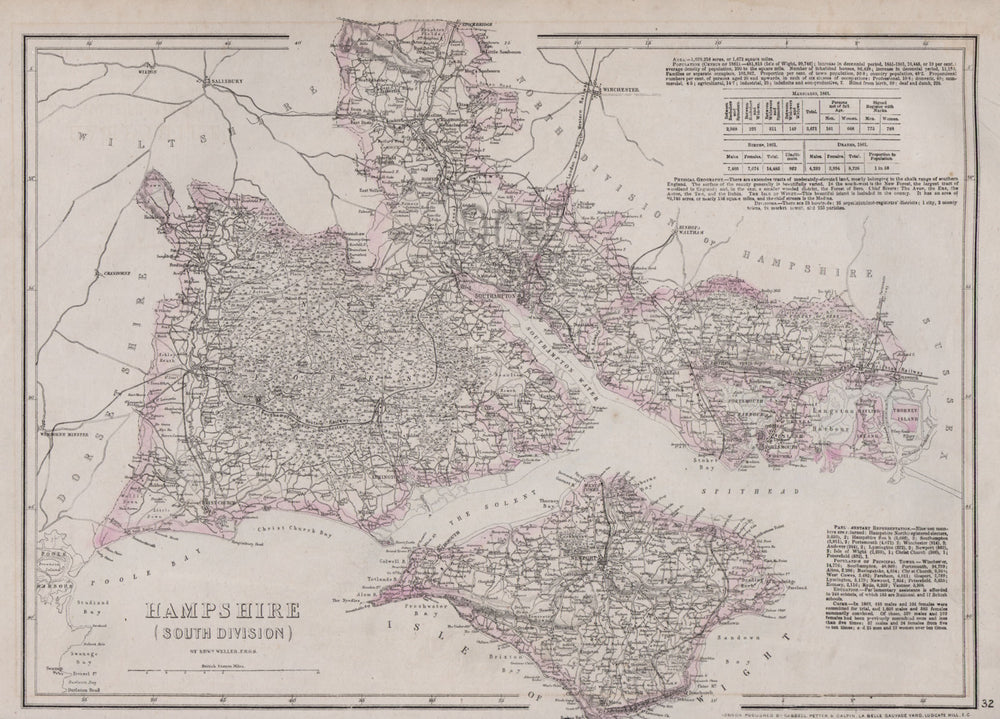 HAMPSHIRE SOUTH Isle of Wight New Forest Southampton Portsmouth WELLER 1868 map