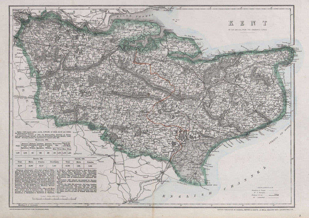 KENT. County map. Downs. Railways in use/under construction. BR DAVIES 1868