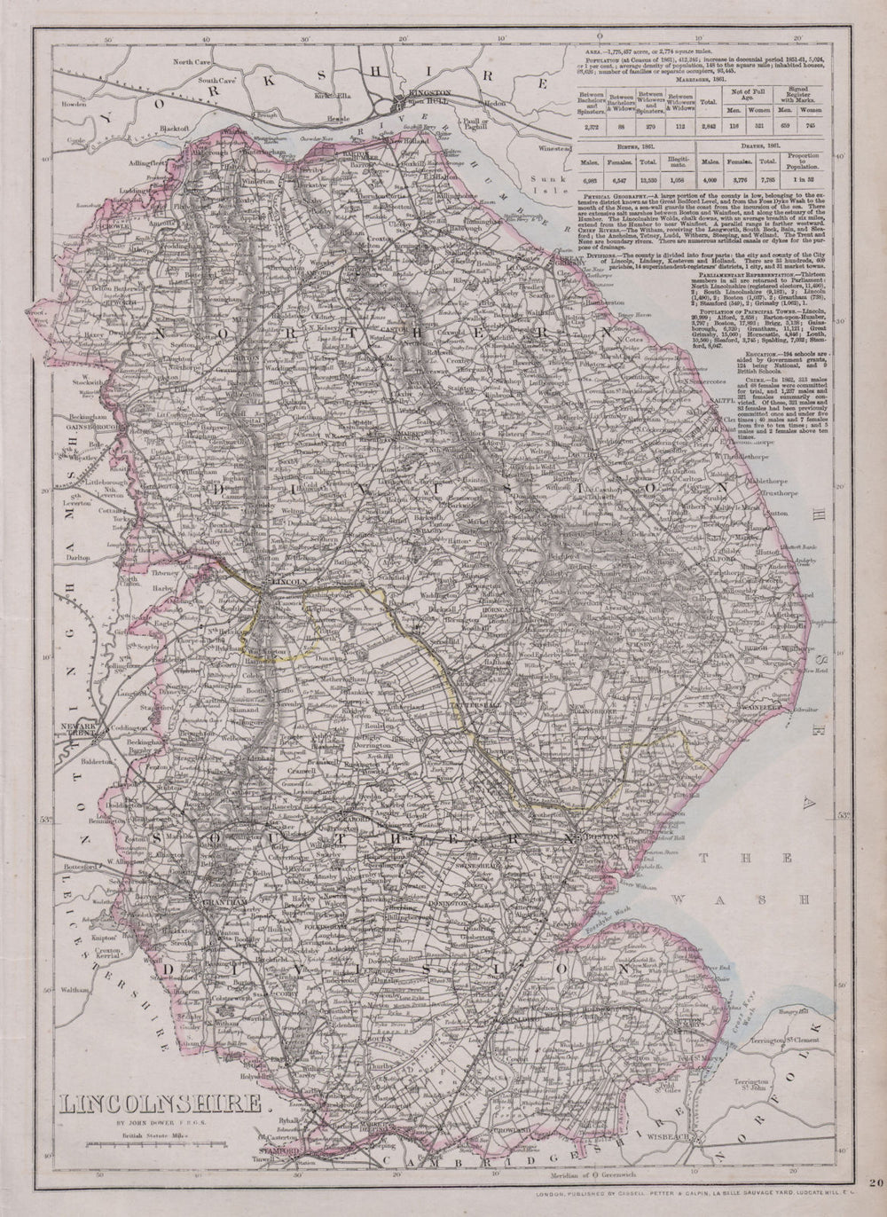 LINCOLNSHIRE. Antique county map. Fens. Railways. DOWER 1868 old