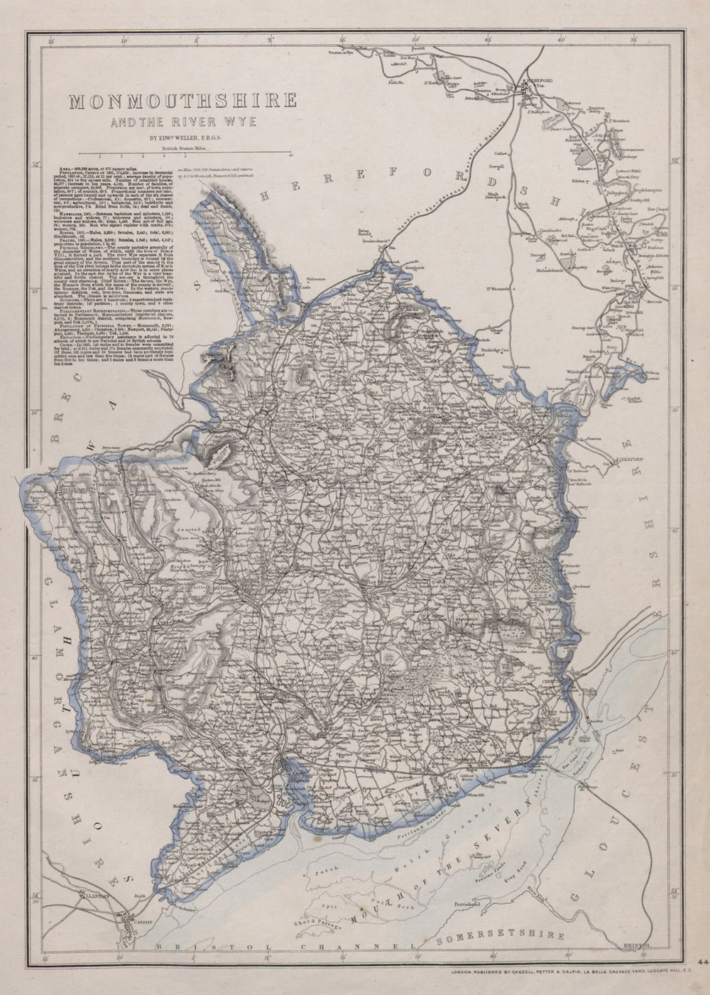 RIVER WYE VALLEY & MONMOUTHSHIRE. Antique county map. Railways. WELLER 1868