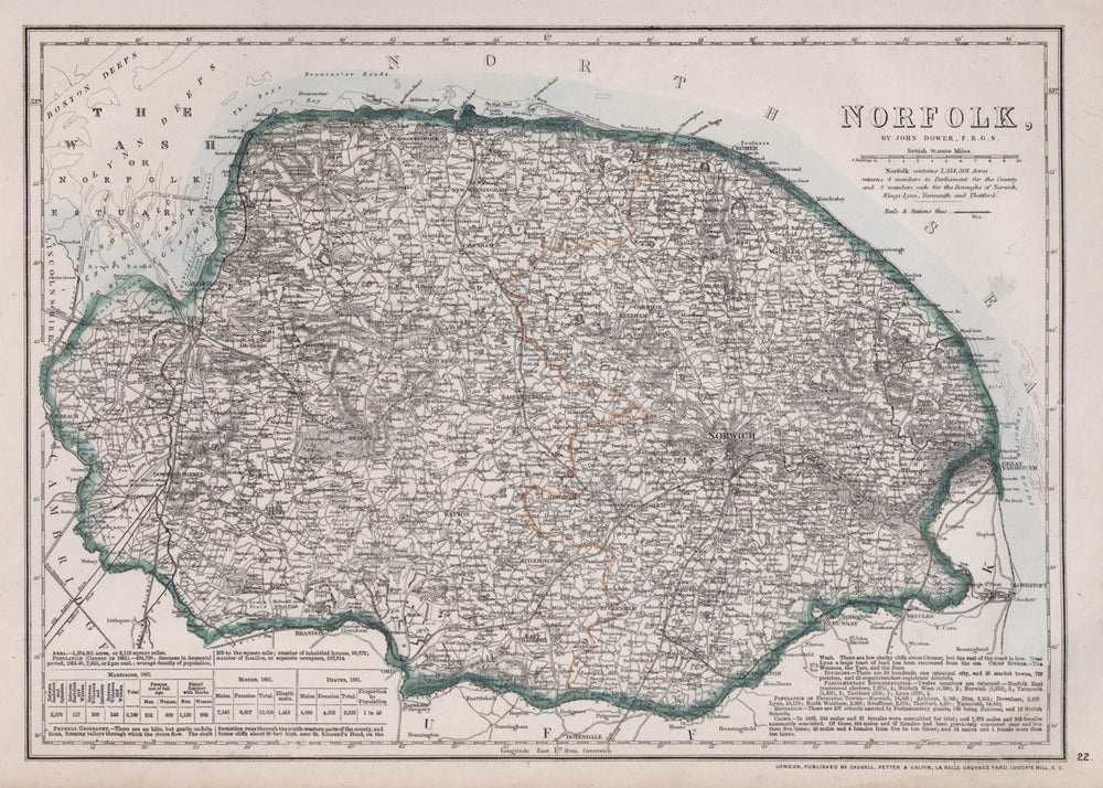NORFOLK. County. Shows extensive proposed Wash land reclamation. DOWER 1868 map