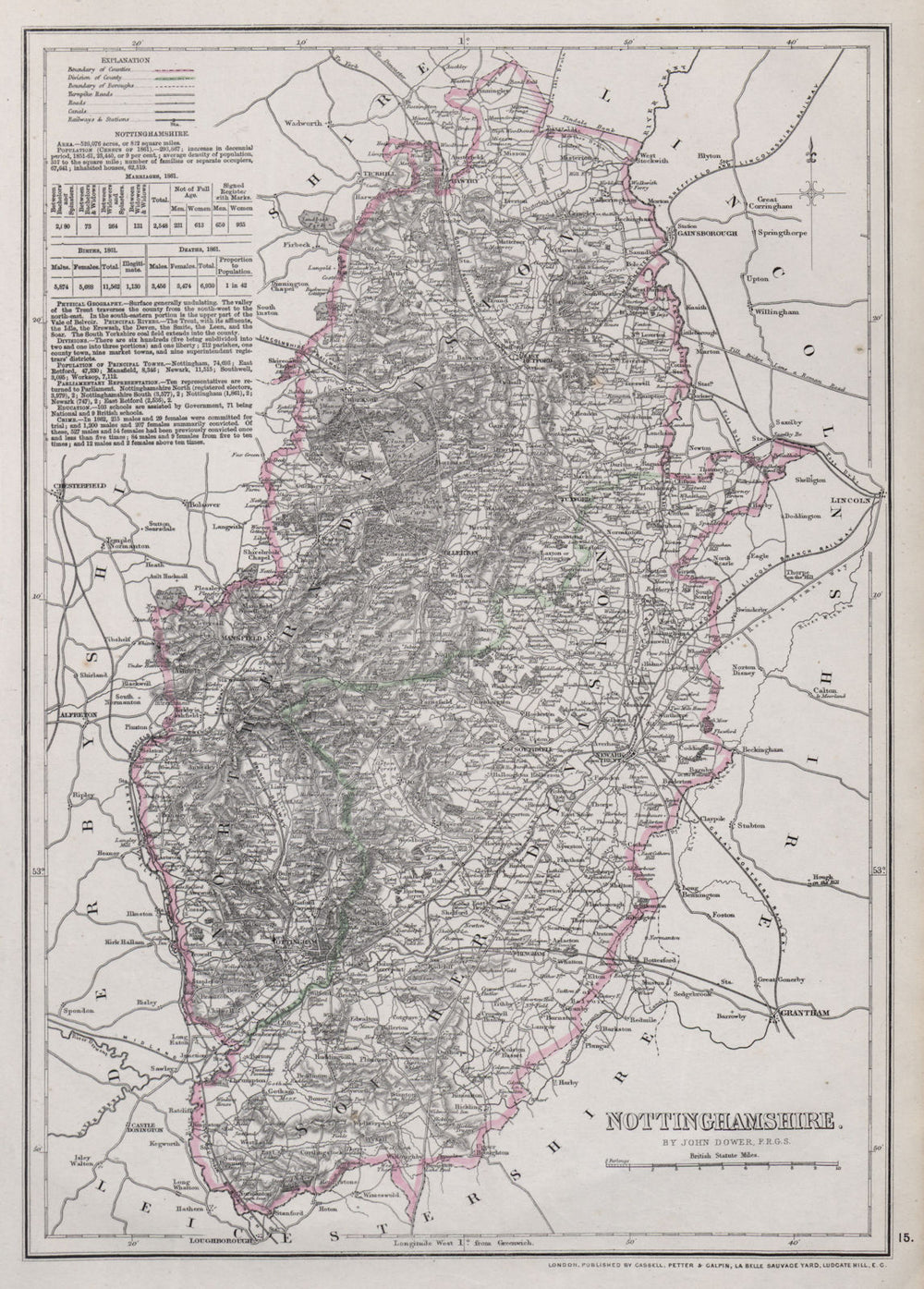 NOTTINGHAMSHIRE. Antique county map. Railways Dukeries. DOWER 1868 old