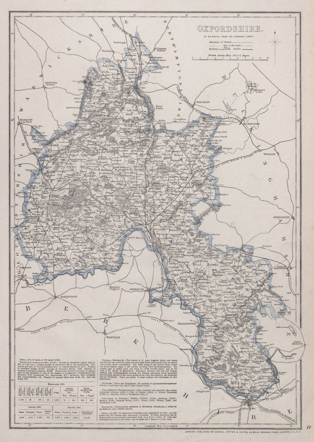 OXFORDSHIRE Antique county map. Railways Cotswolds Chilterns.BR DAVIES 1868