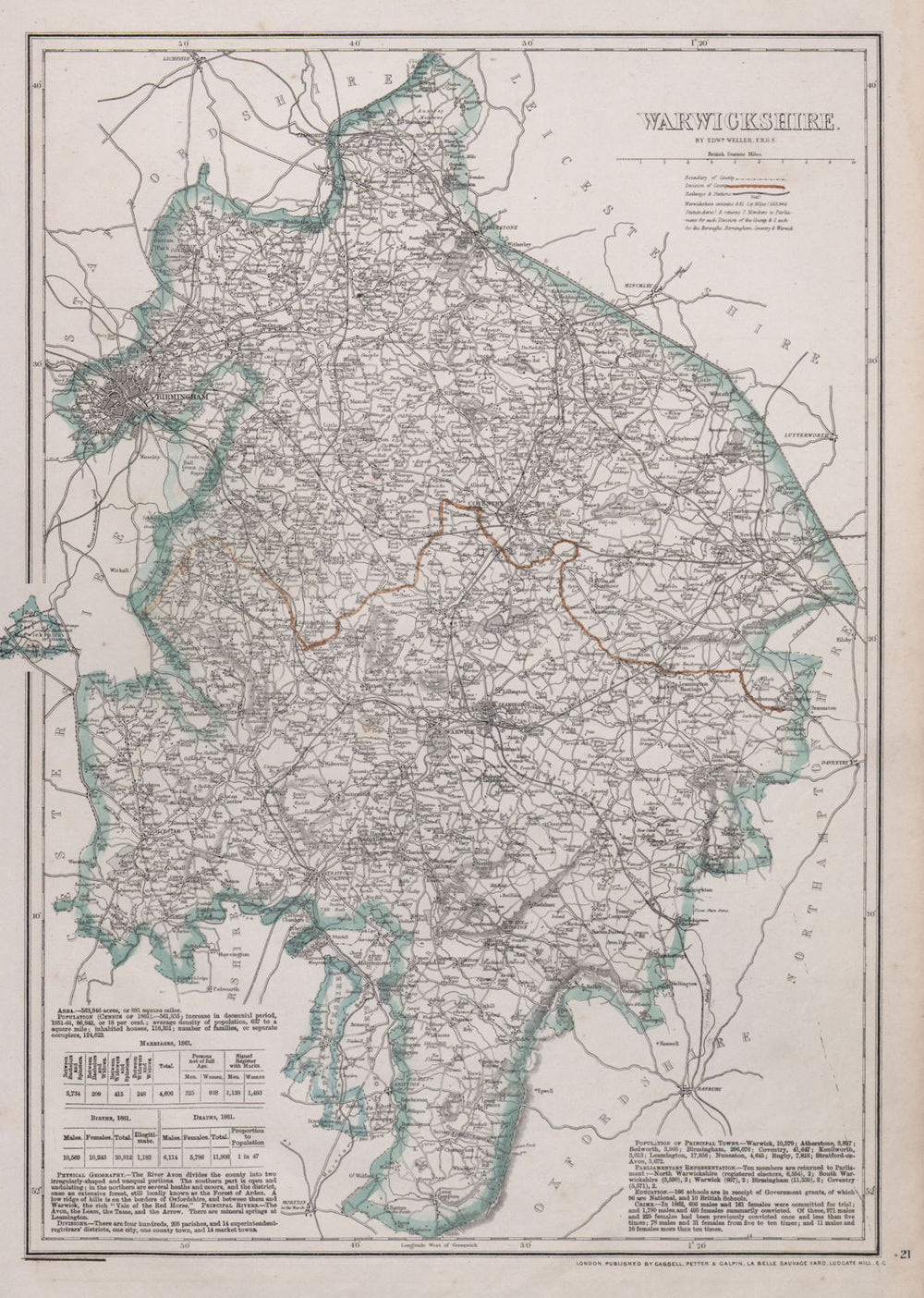 WARWICKSHIRE. Birmingham. County map showing excave & railways. WELLER 1868