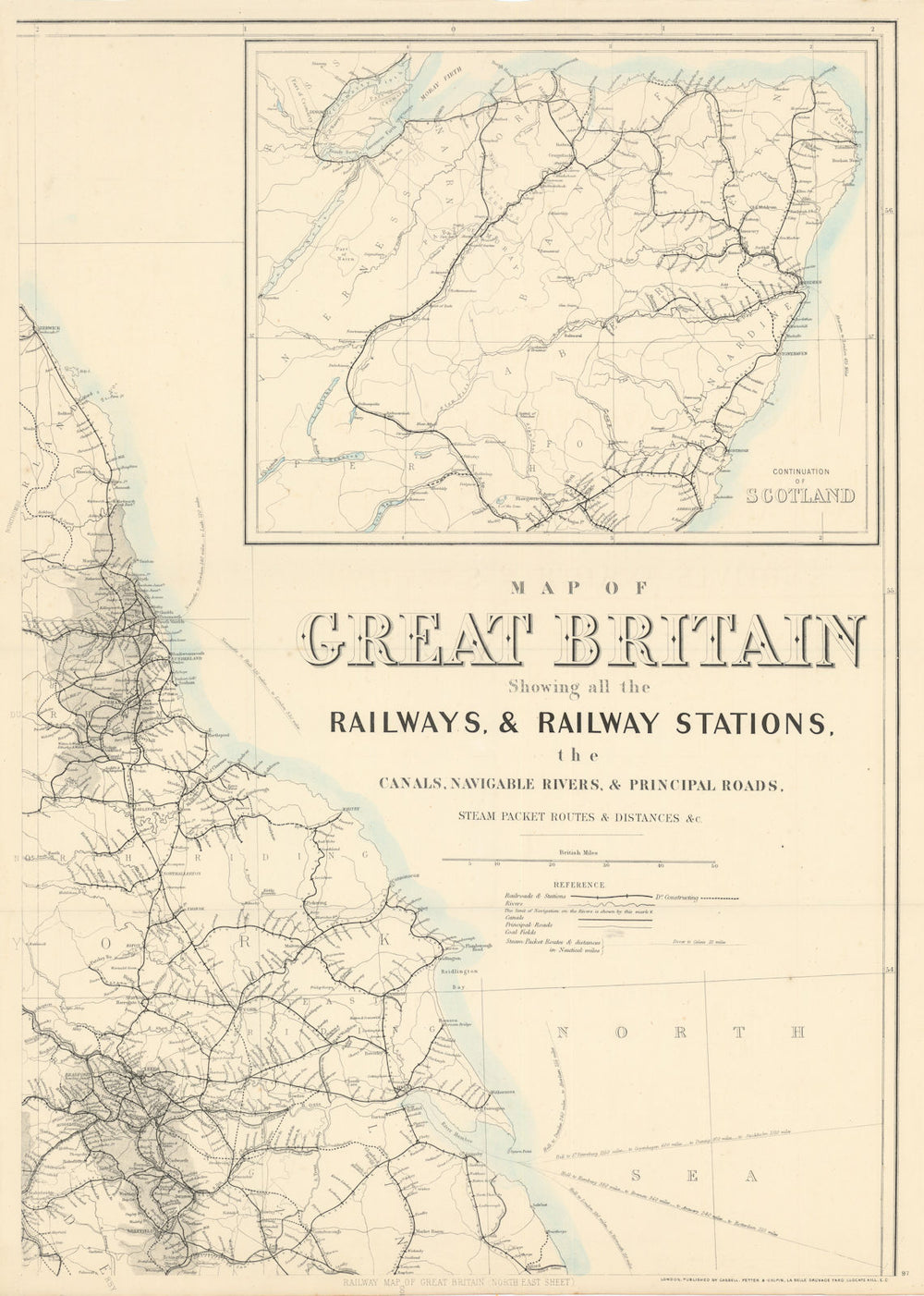 Great Britain showing all the railways… Yorkshire Northumbs coast DOWER 1868 map