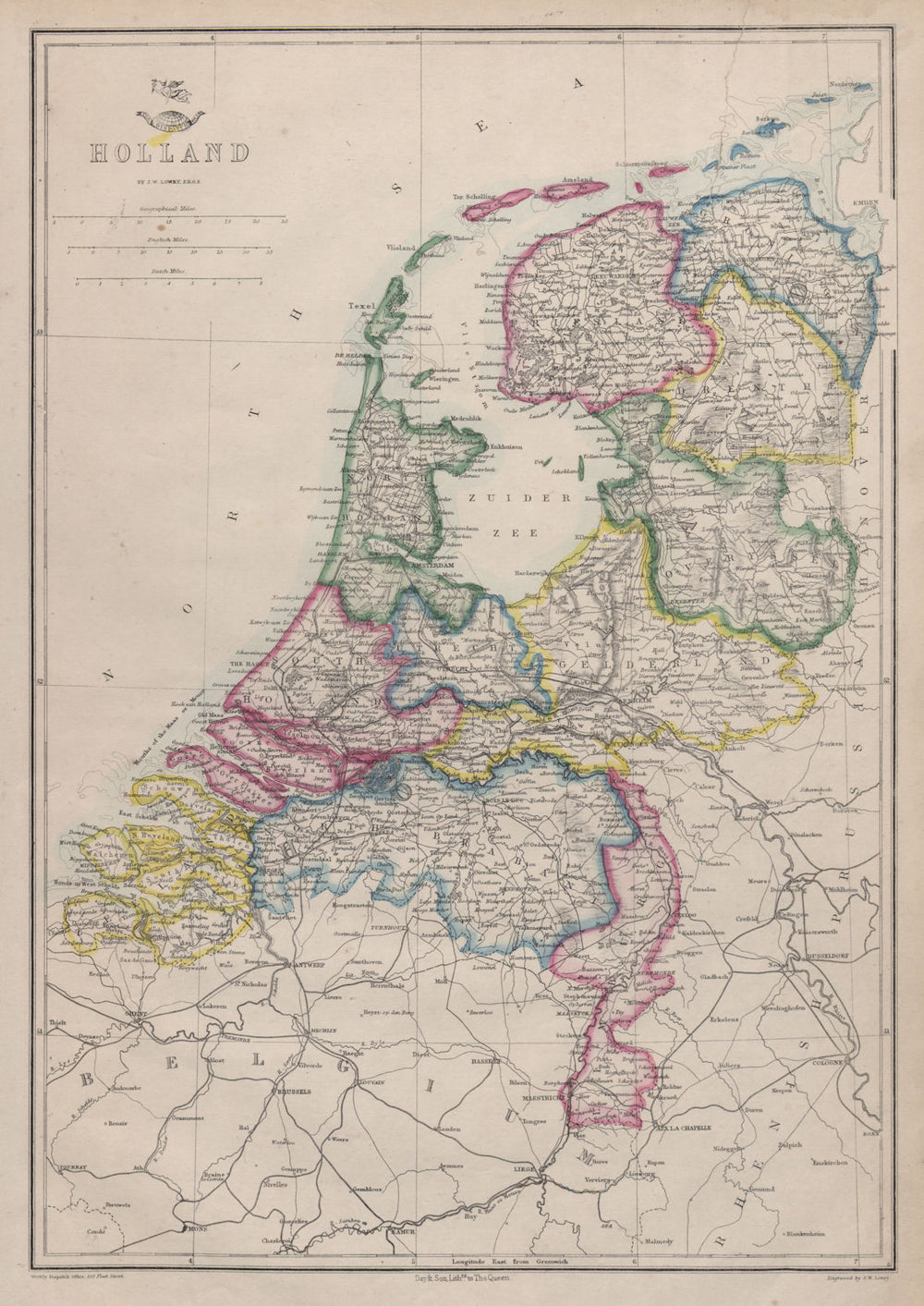 'Holland'. Netherlands in provinces. JW LOWRY for the Dispatch atlas 1868 map