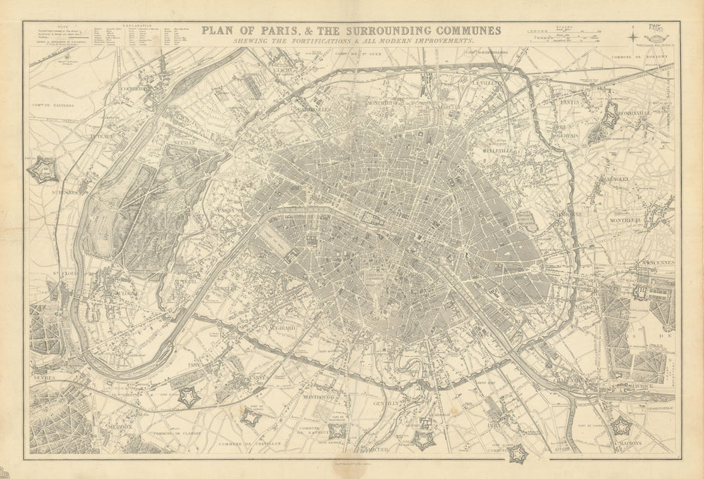 PLAN OF PARIS & SURROUNDING COMMUNES by BR DAVIES. Fortifications 1863 old map