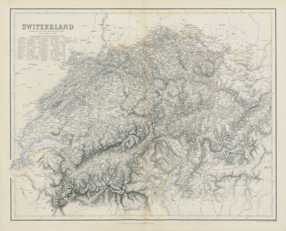 Switzerland with table of 40 highest alpine peaks. SWANSTON 1860 old map