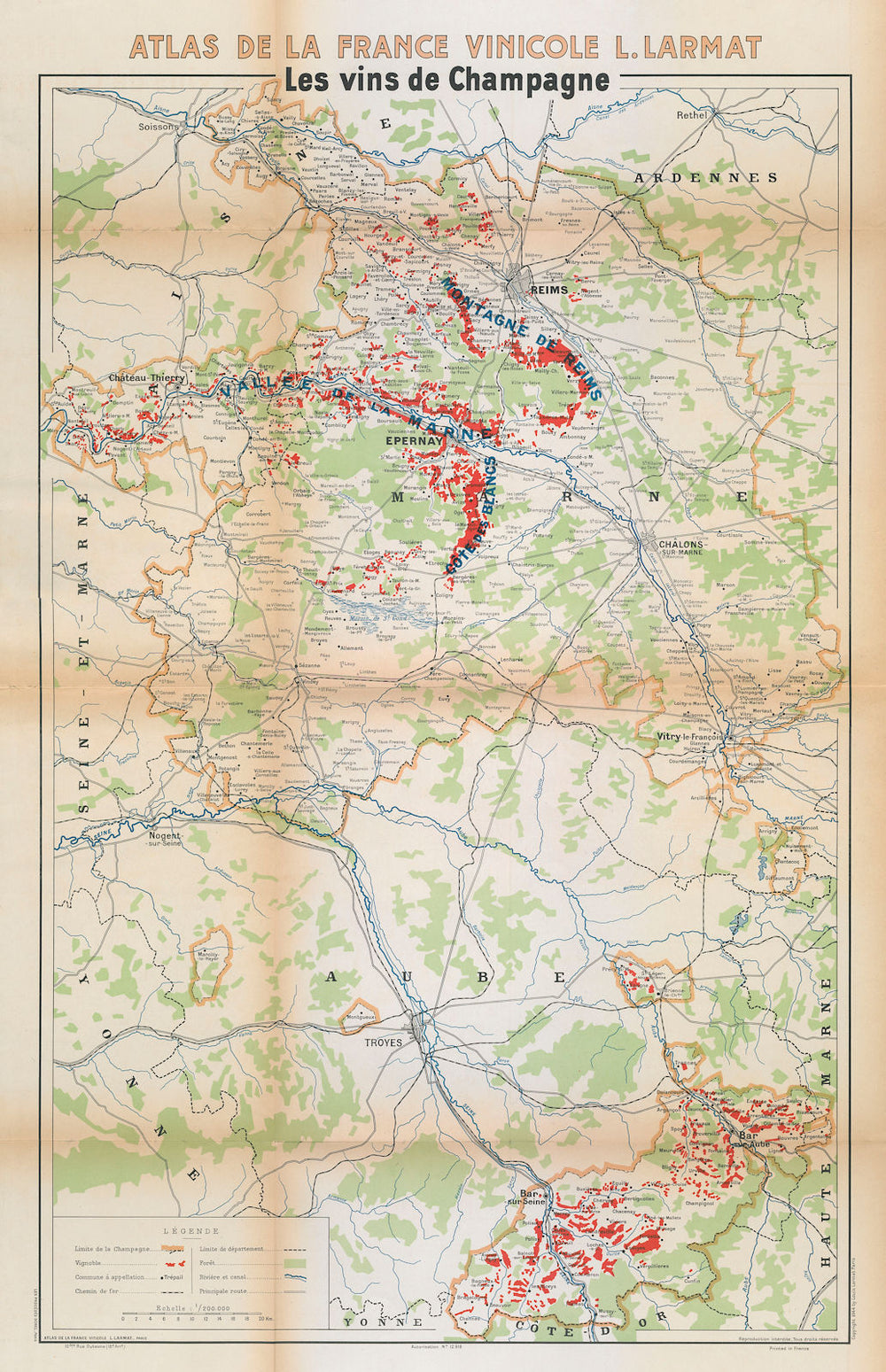 CHAMPAGNE WINE/VINS MAP Carte Générale showing vineyards vignobles. LARMAT 1944