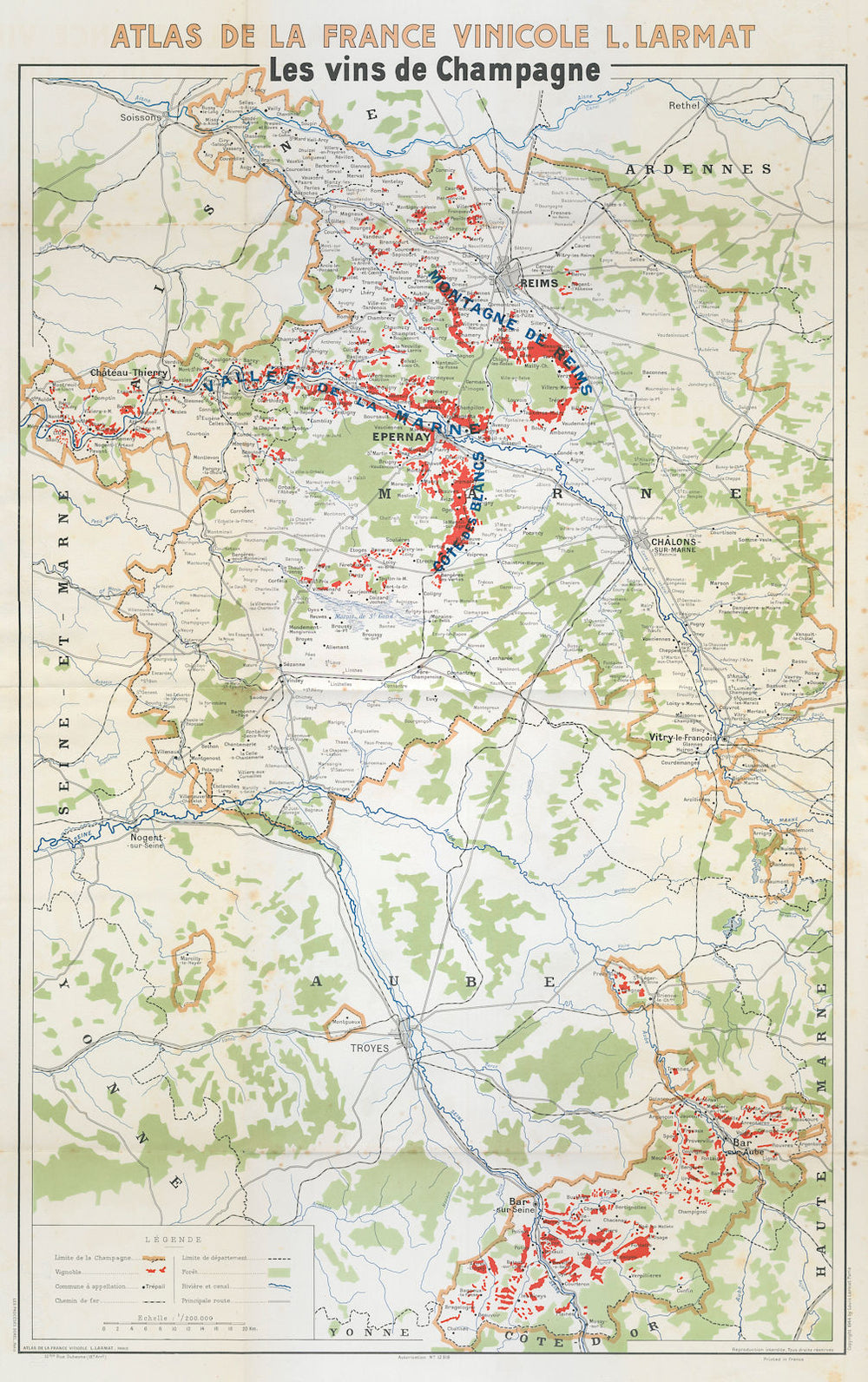 CHAMPAGNE VINS/WINE MAP Carte Générale showing vineyards vignobles. LARMAT 1944
