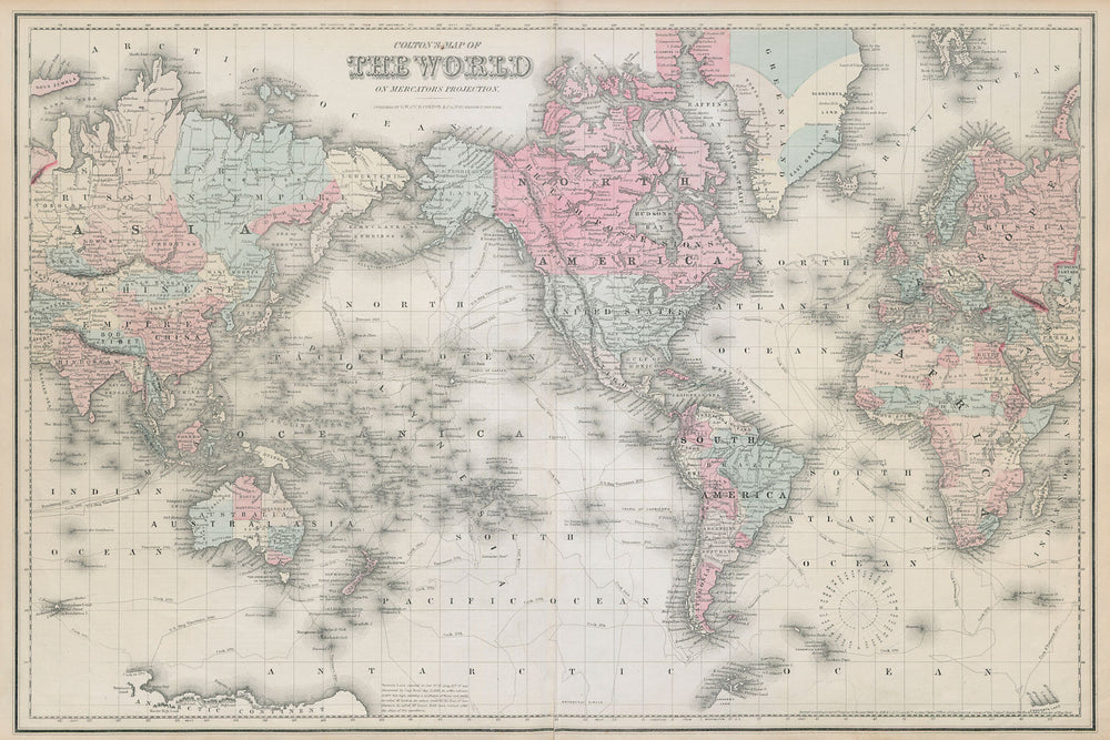 World on Mercator's projection. Americas-centric antique map. COLTON 1869